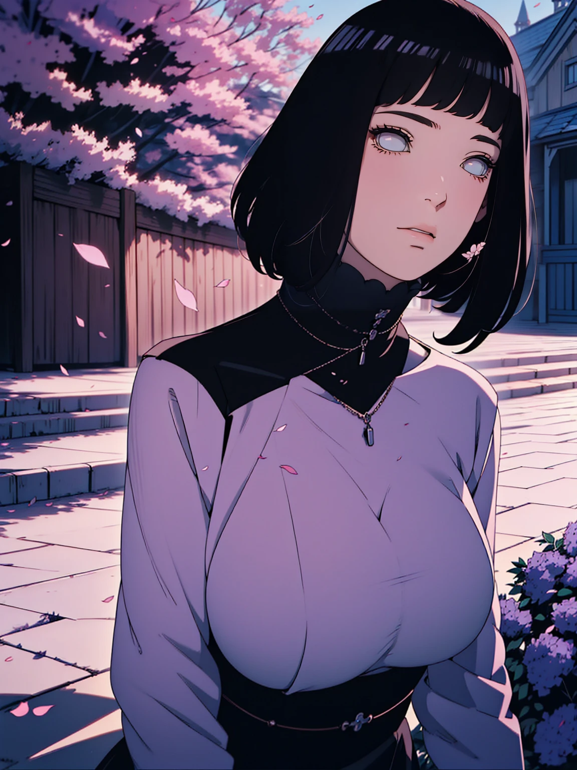 { - ??????? error} (Masterpiece - Ultra-detailed, very high resolution) Meisterwerk, absurdres, Hinata\(Boruto\), 1girls, nur,reifes Weibchen, lila Kapuzenpullover,layered sleeves, braune Hose, al fresco,Lavendelblütenfeld, Blick auf den Betrachter, (falling petals), overcast sky, Perfekte Komposition, Detaillierte Lippen, large chest, Beautiful face, Body Propotion, (black dress), flush, (rosa Lippen), (black hair) Lange Haare, lila Augen, Sanfter Blick, sad smile, Super realistisch, Detailliert, Fotoshooting, Realistic face and body, Realistisches Haar, Realistische Augen, realistische Nase, Realistische Lippen, backwards, looking back