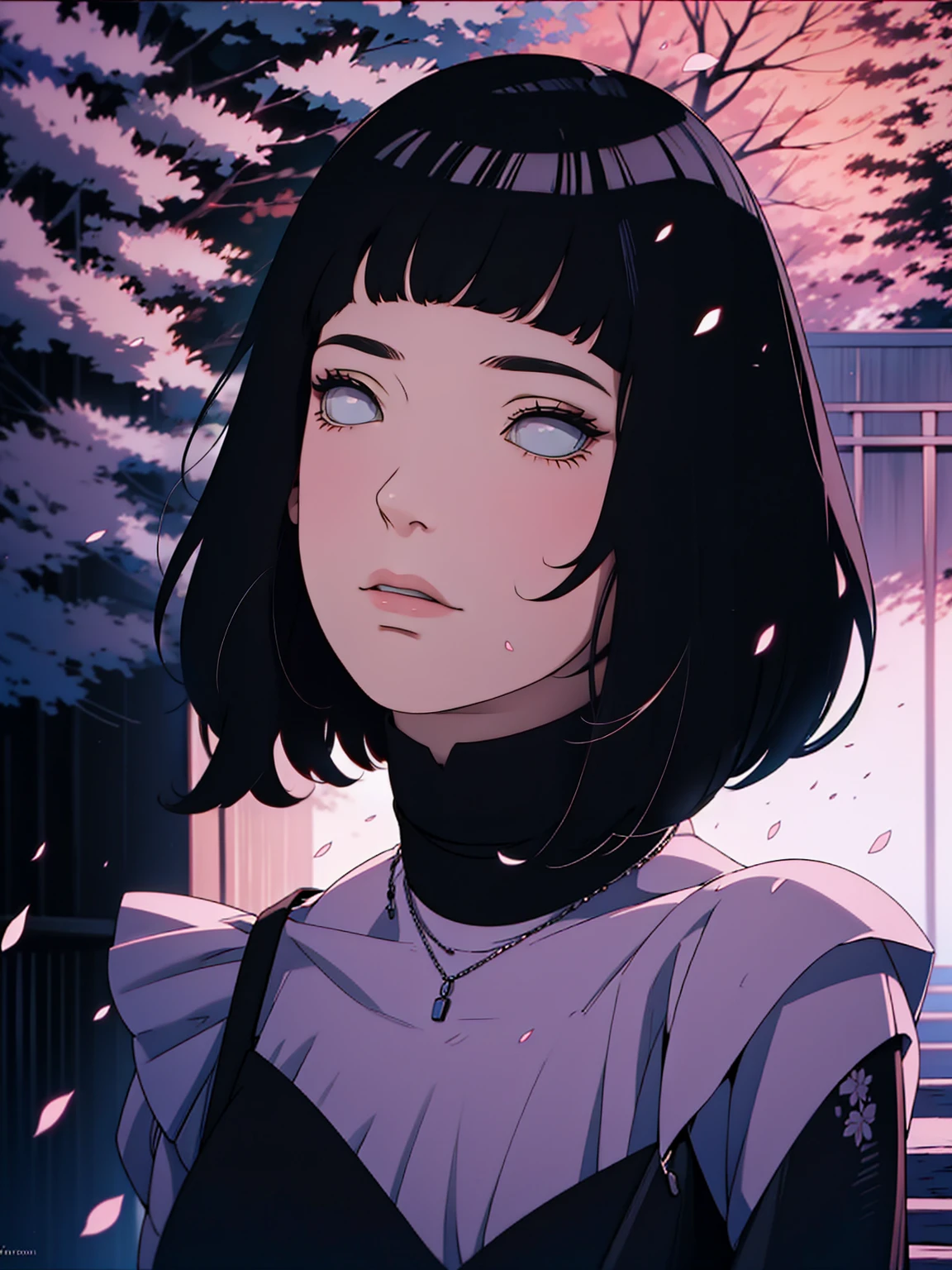 { - anatomy error} (Masterpiece - Ultra-detailed, very high resolution) Meisterwerk, absurdres, Hinata\(Boruto\), 1girls, nur,reifes Weibchen, lila Kapuzenpullover,layered sleeves, braune Hose, al fresco,Lavendelblütenfeld, Blick auf den Betrachter, (falling petals), overcast sky, Perfekte Komposition, Detaillierte Lippen, large chest, Beautiful face, Body Propotion, (black dress), flush, (rosa Lippen), (black hair) Lange Haare, lila Augen, Sanfter Blick, sad smile, Super realistisch, Detailliert, Fotoshooting, Realistic face and body, Realistisches Haar, Realistische Augen, realistische Nase, Realistische Lippen, backwards, looking back