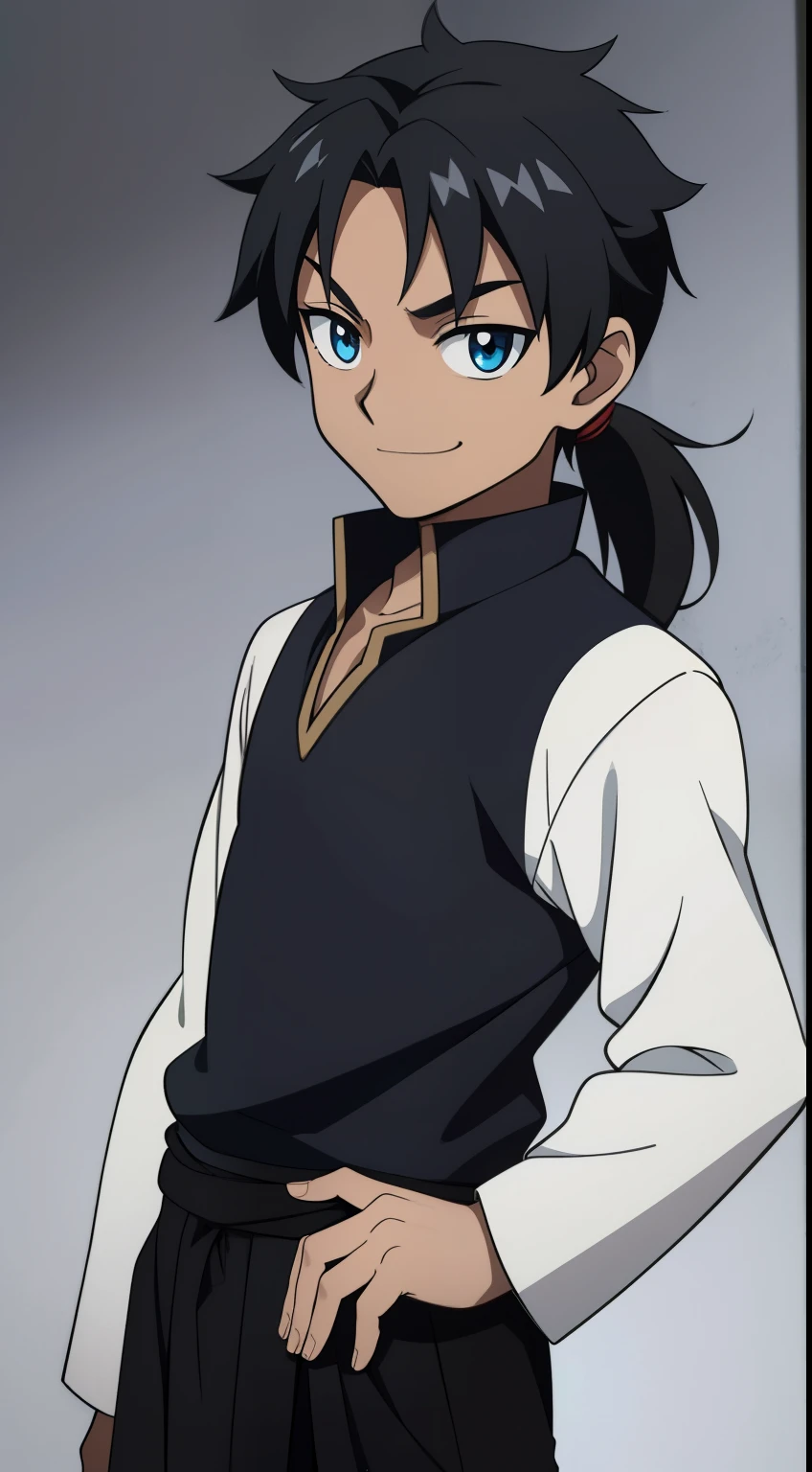 (high-quality, breathtaking),(expressive eyes, perfect face) Symmetrical Eyes, short, age 10, upperbody, 1boy, male, bright blue eye color, black hair color, grey background, medium hair length, tied back hair, high ponytail, black skin, dark colored skin, black and blue shirt, white trim, pants, positive expression, small smirk, fantasy outfit, greek inspired clothing
