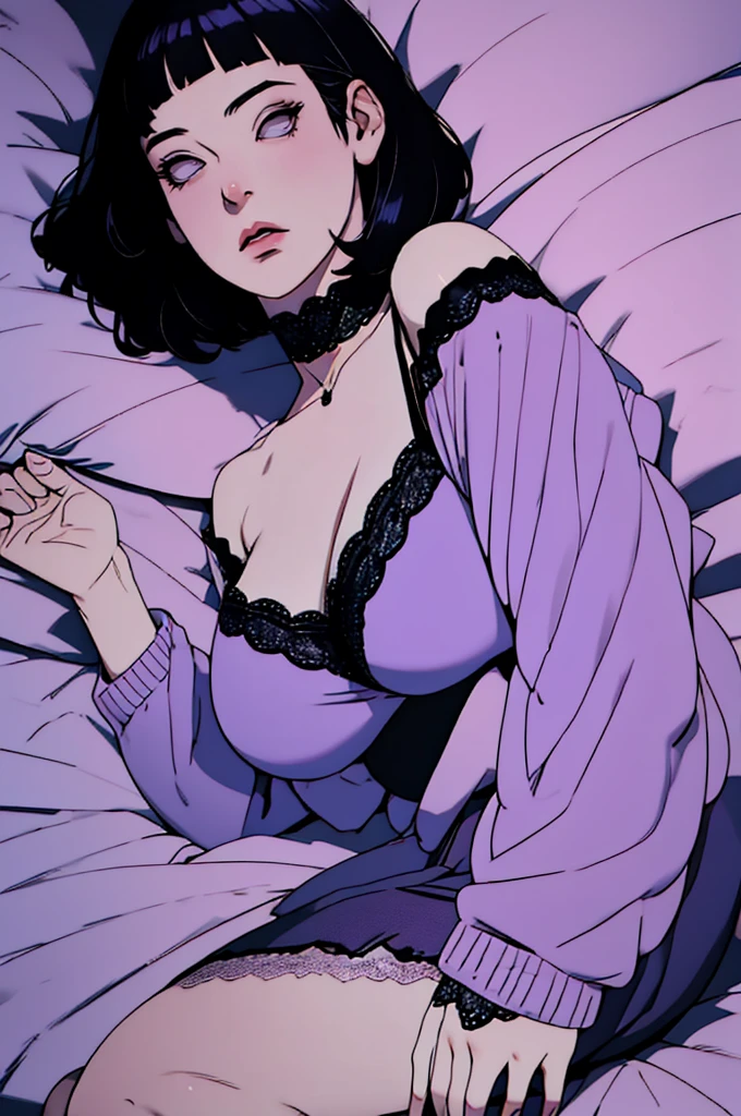 { - anatomy error} (Masterpiece - Ultra-detailed, very high resolution) (huge titusty, masterpiece, absurdres, hinata\(boruto\), 1girl, solo,mature female, off-shoulder bra, high waist black short skirt, looking at viewelling petals), perfect composition, detailed lips, big breast, beautiful face, body propotion, blush, (pink lips), short hair, (black hair), purple eyes, soft gaze, super realistic, detailed, photoshoot, realistic face and body, closed mouth, laying on the bed , lilac eyes, full body, lace clothes, with chin resting on shoulder, perfect fingers, backwards, looking back,