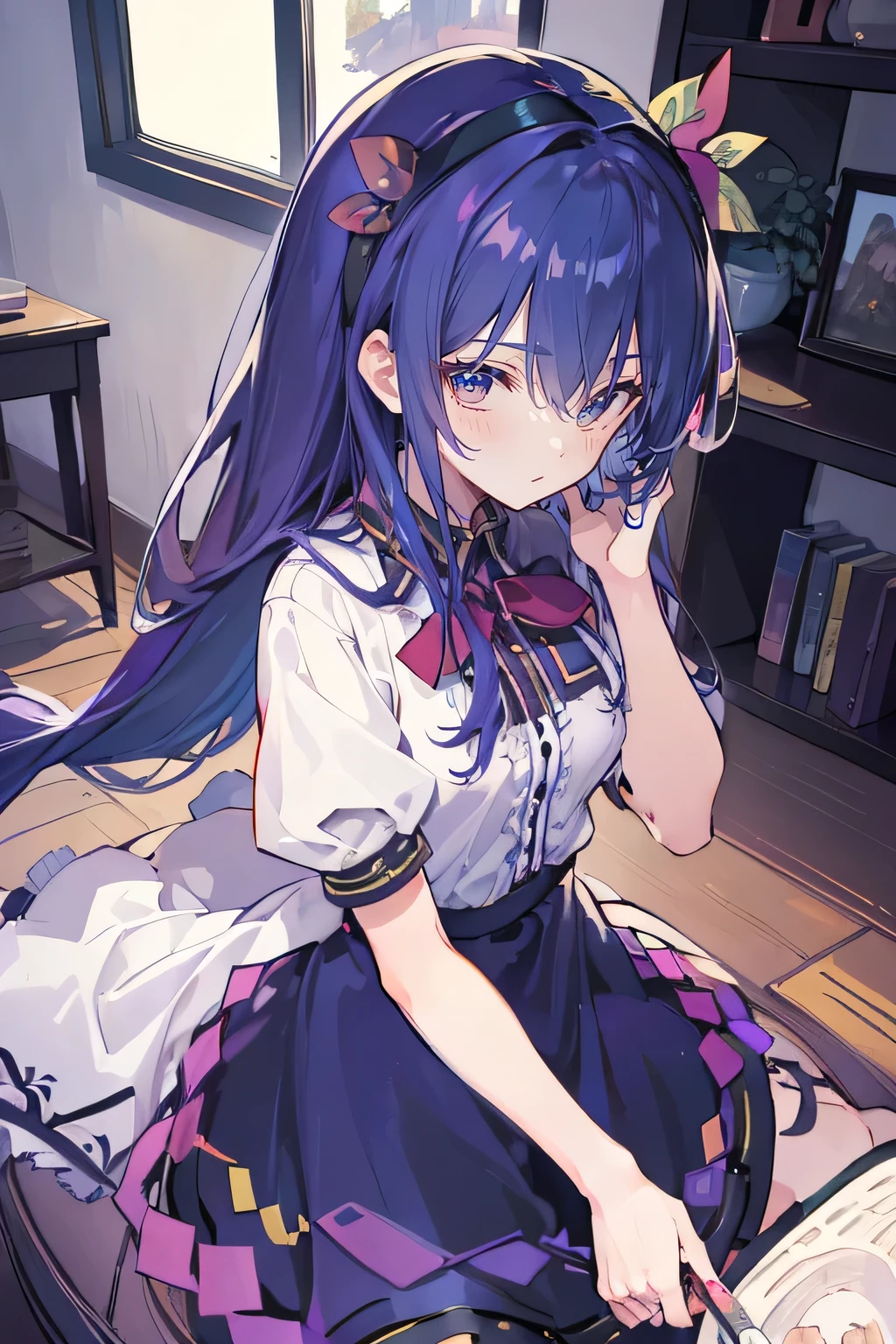 (Best Quality: 1.3), (Masterpiece: 1.3), (Illustration: 1.3), (Ultra Detailed: 1.3), (Imide Lens: 0.9), 1girl, Medium Breasts, Purple Eyes, ((Dark Blue Hair) ), hair accessories, young, clothing-gladiia, long hair, dark blue hair, indoors, black shorts, high socks, low ponytail, expressionless, upper body, close-up, coat, skirt,