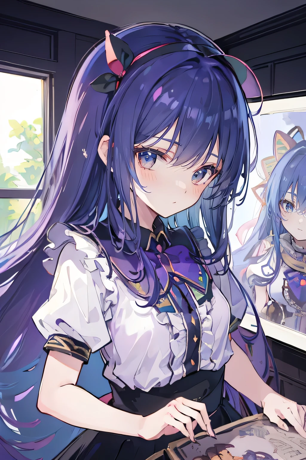 (Best Quality: 1.3), (Masterpiece: 1.3), (Illustration: 1.3), (Ultra Detailed: 1.3), (Imide Lens: 0.9), 1girl, Medium Breasts, Purple Eyes, ((Dark Blue Hair) ), hair accessories, young, clothing-gladiia, long hair, dark blue hair, indoors, black shorts, high socks, low ponytail, expressionless, upper body, close-up, coat, skirt,