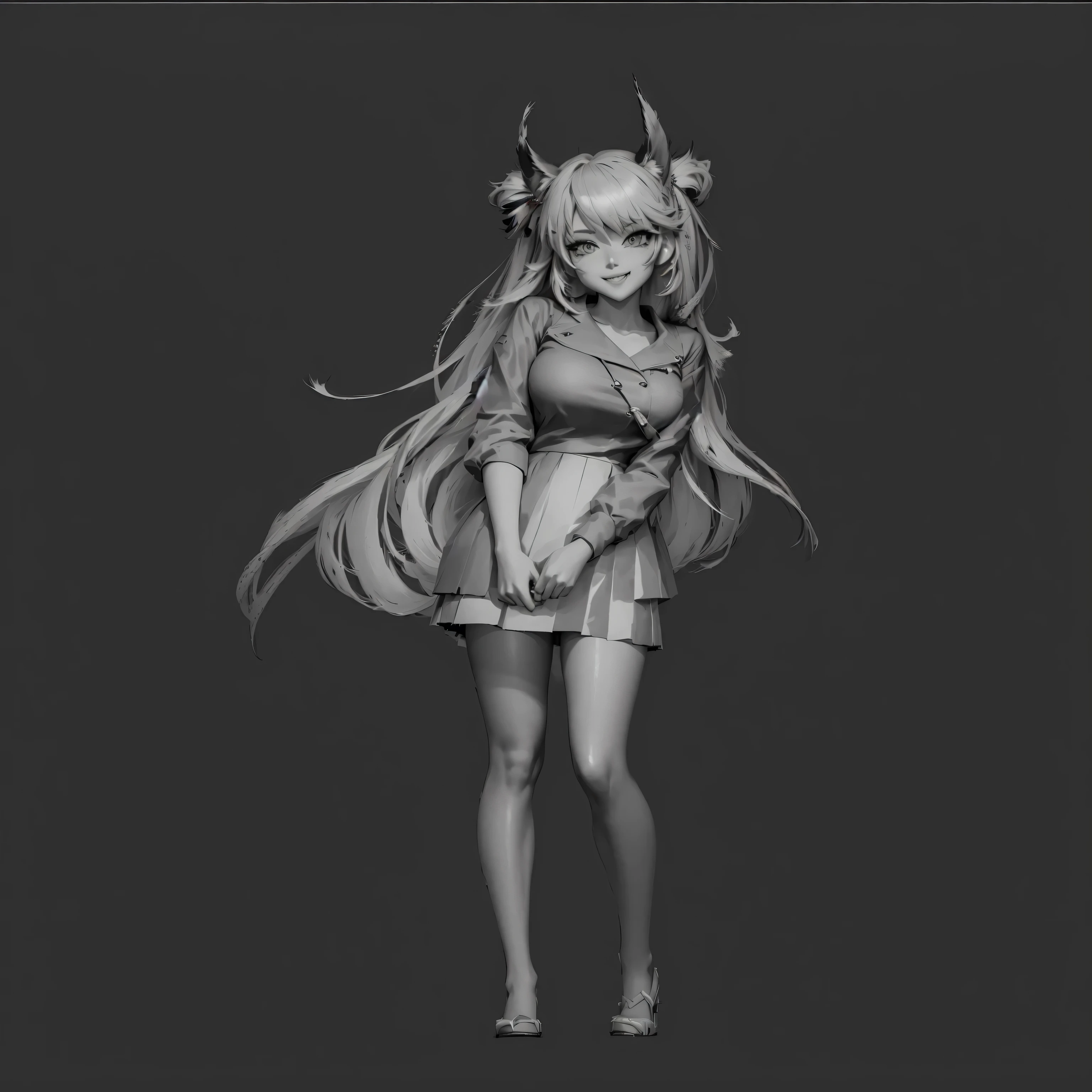 Black and white photo of a woman in a short skirt, Anime style 3d, 3D Anime Girl, Brush model, made with Brush, Clay Rendering, made in Brush, Full body rendering, ( Very detailed graphics ), April Rendering, Monochrome 3d model, character concept model, Brush render, Role Model, Brush!!,black hair, hair bobbles, wince, longeyelashes, solid circle eyes, fake animal ears, light smile, ear blush, fang, ccurate, Surrealism, drop shadow, anaglyph, stereogram, tachi-e, pov, atmospheric perspective, 8k, super detail, best quality