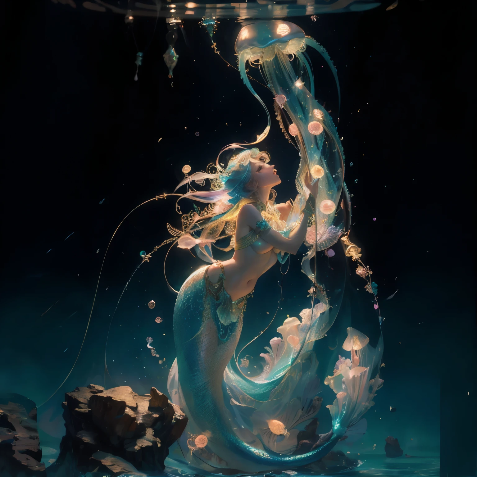 ultra beautiful jellyfish mermaid with a tail,neon_light, kodak_ektar, flamboyant, pastel_colors, curved_lines, elaborate_detail, rococo, art by j.c. leyendecker,