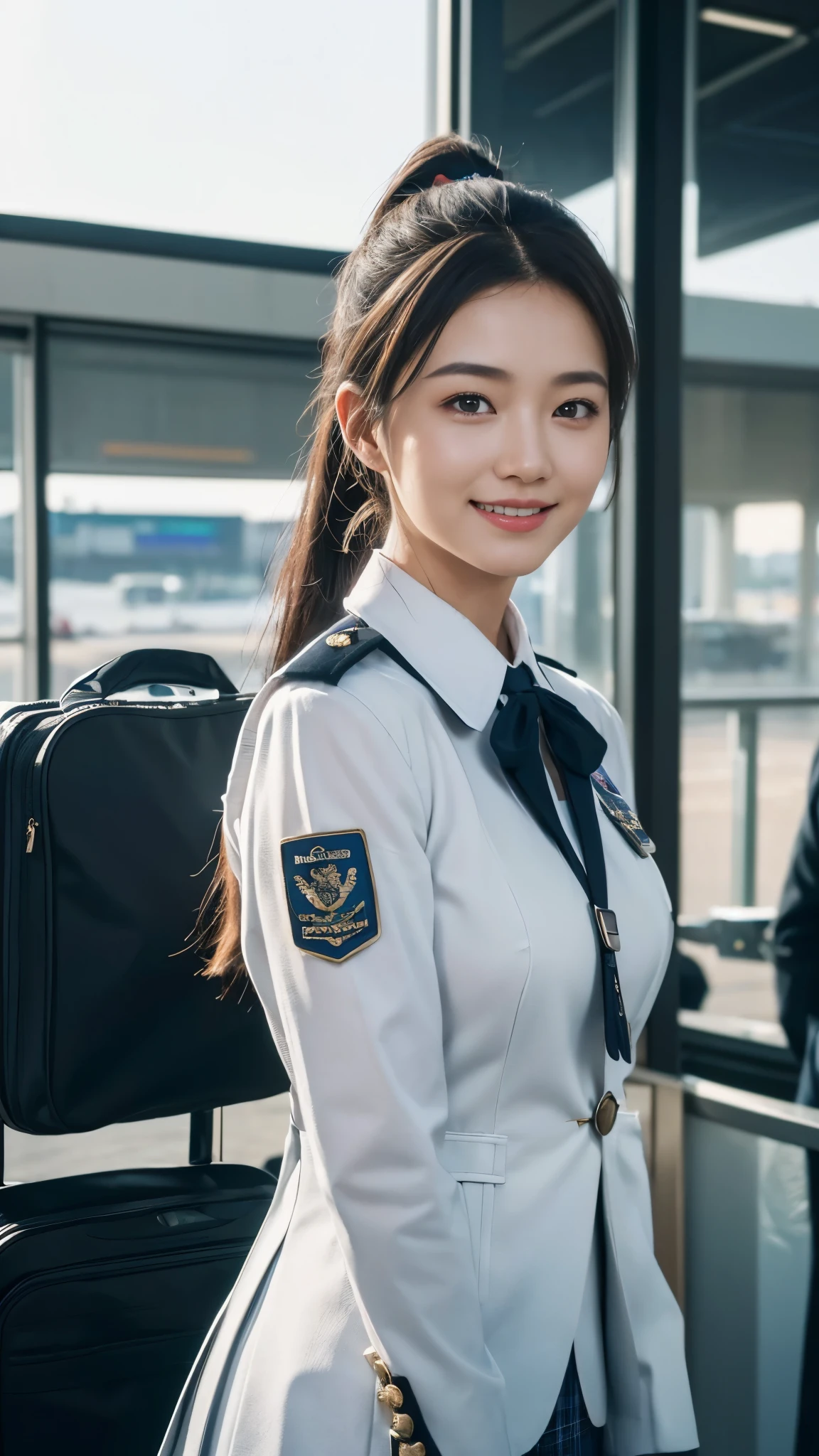 (dramatic angle)(stewardess uniform)Mix 4,ultra detail (8k, RAW Photos, 最high quality, masterpiece: 1.45), (Realistic, Photorealistic: 1.37), (Ultra high definition)(Textured skin)(Very detailed)(high quality)(最high quality)(First Person View)Beauty Women,ponytail,smile ,airport