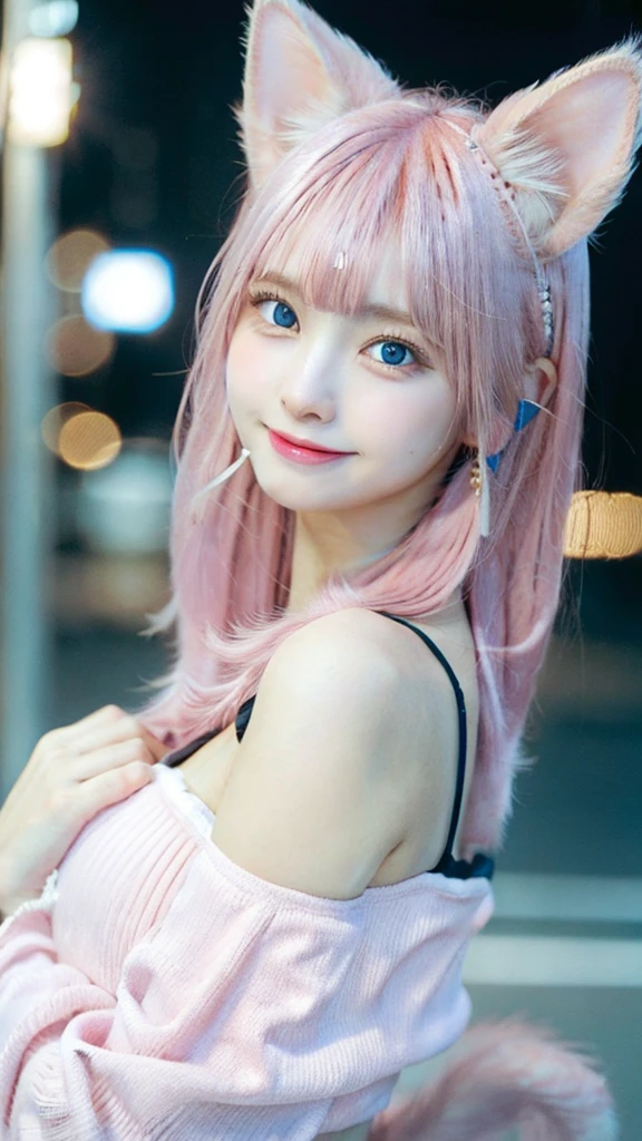{{masterpiece}},{{highest quality}},Bokeh,Raising awareness,1 perfect portrait of a girl, A fascinating eye for perfect detail), Colorful Hair, (pink soft hair:1.6), (Cat ear:1.3),Slim and tall figure, Fantasy purple background, {Lean forward slightly}, If you look up,hair ornaments,{shy},Please keep your mouth shut, Tilt your head,{Small breasts} ,Cinema Lighting,Larger clothes, ((Seductive pose)), Bright Blue Eyes,Smiling with teeth showing