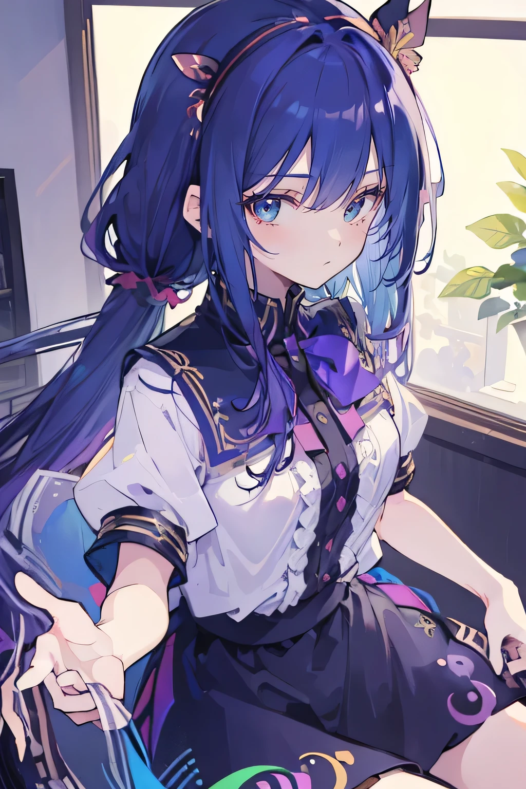 (Best Quality: 1.3), (Masterpiece: 1.3), (Illustration: 1.3), (Ultra Detailed: 1.3), (Imide Lens: 0.9), 1girl, Medium Breasts, Purple Eyes, ((Dark Blue Hair) ), hair accessories, young, clothing-gladiia, long hair, dark blue hair, indoors, black shorts, high socks, low ponytail, expressionless, upper body, close-up, coat, skirt,