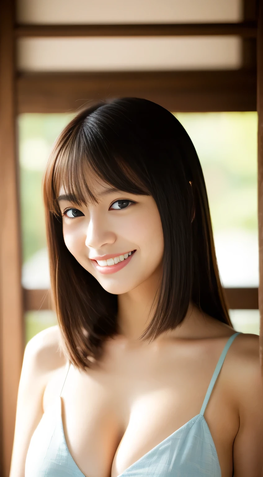 masterpiece,best quality,(Japanese ),((Beautiful girl)),cleavage,indoor,(perfect body beauty:1.2),(shy smile),beautiful teeth,