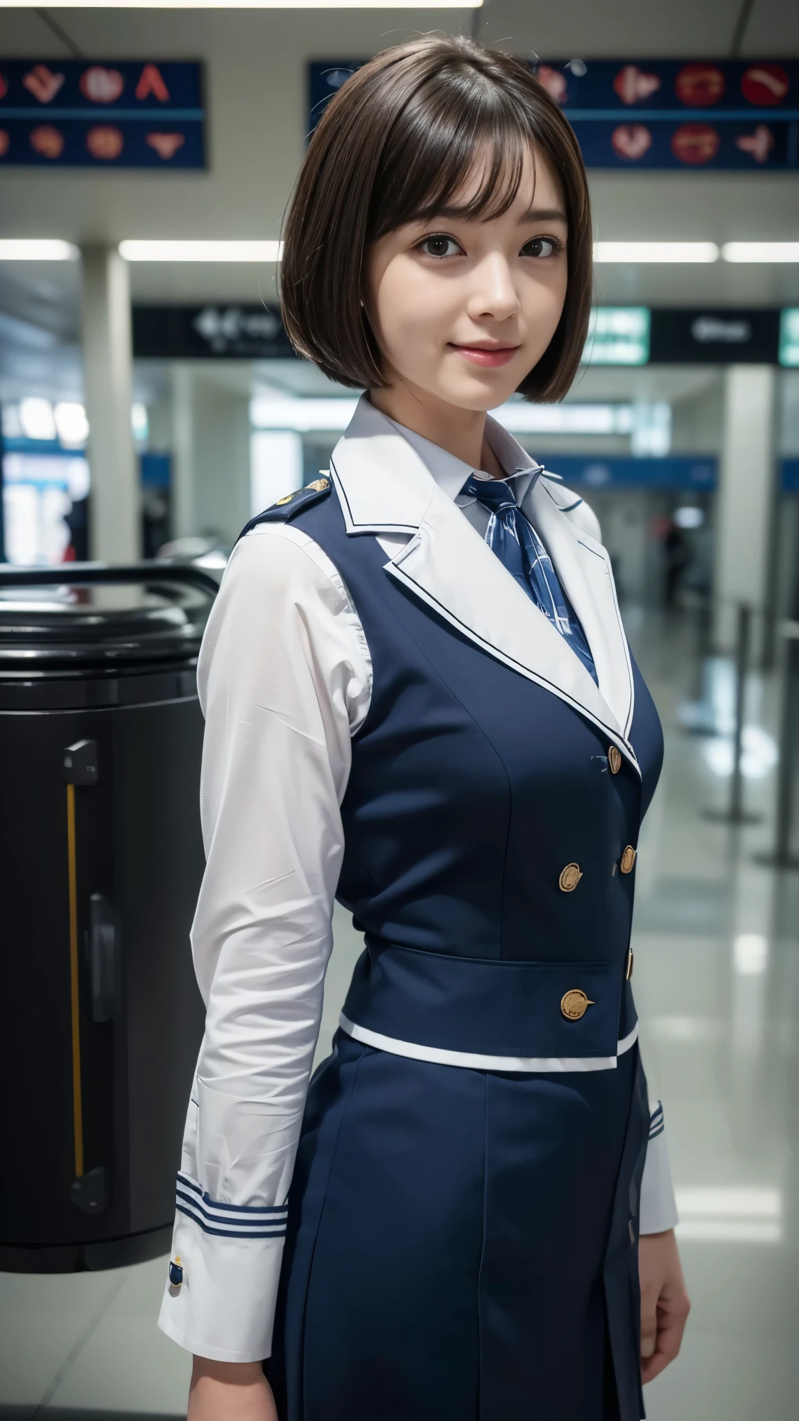 (dramatic angle)(stewardess uniform)Mix 4,ultra detail (8k, RAW Photos, 最high quality, masterpiece: 1.45), (Realistic, Photorealistic: 1.37), (Ultra high definition)(Textured skin)(Very detailed)(high quality)(最high quality)(First Person View)Beauty Women,smile ,airport,Bobcut