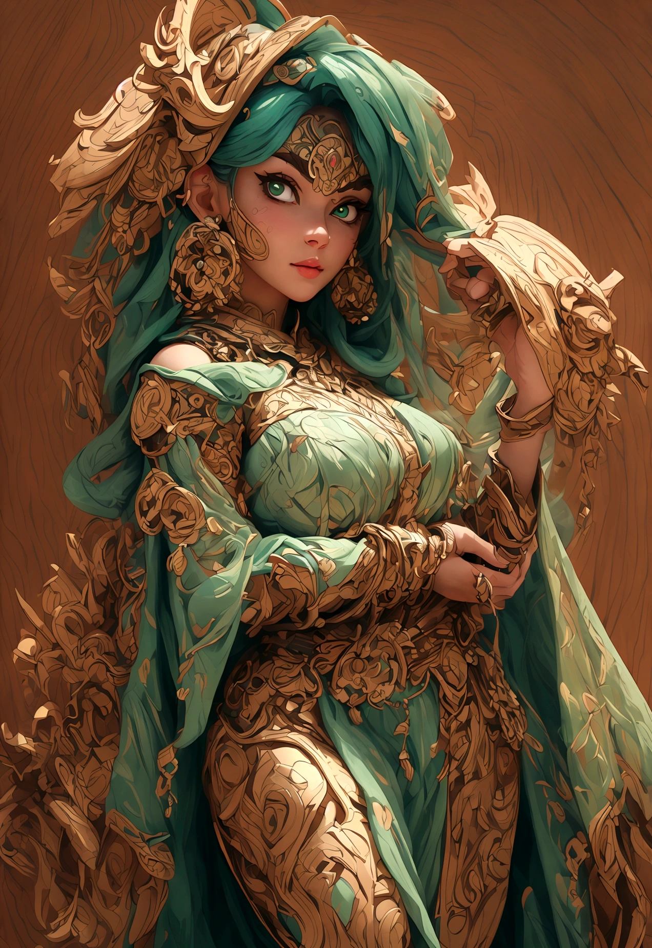 (best quality,4k,8k,highres,masterpiece:1.2),ultra-detailed,(best quality,realistic:1.2), lovely woman, Beautiful girl shaman, wearing mask made of wood, portrait, standing in an s-shape, green ringlets, sexy breast, 4k , great details and colours, HDR, 8k, absurdres, cinestill 800, sharp focus, add_detail:2, Ultra HD | | | ((Fullbody-shot)) add_detail:2 (1woman, solo)