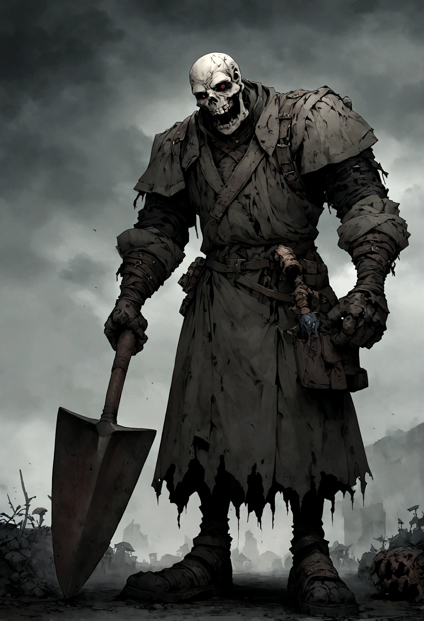 An undead graverobber with a split jaw and empty eye sockets, gloomy atmosphere, rot, full body, shovel in hand