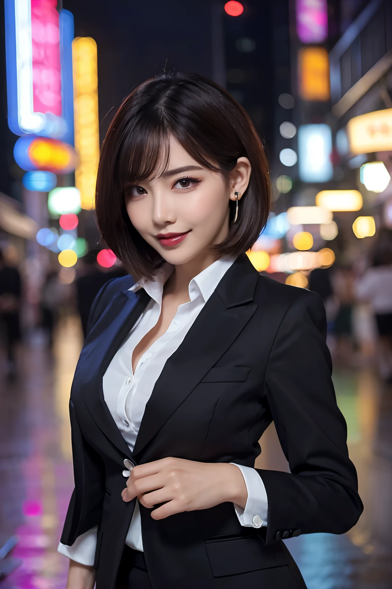 (Highest quality、highest quality、8K resolution、Masterpiece、Professional photography、Award-winning works)、(Mature Woman:1.1)、(Walk through the moody and glamorous entertainment district at night:1.1)、(Strongly blurred background:1.1)、The most romantic and moody atmosphere、(The perfect business suit:1.5)、Standing Elegantly、Voluptuous body、(Straight Short Hair:1.1)、The best smile when you see me、Large Breasts、Perfect Makeup、Beautiful lipstick、Elegant eyeshadow、Long eyelashes、Ultra-high resolution glossy skin、(Accurate anatomy:1.2)