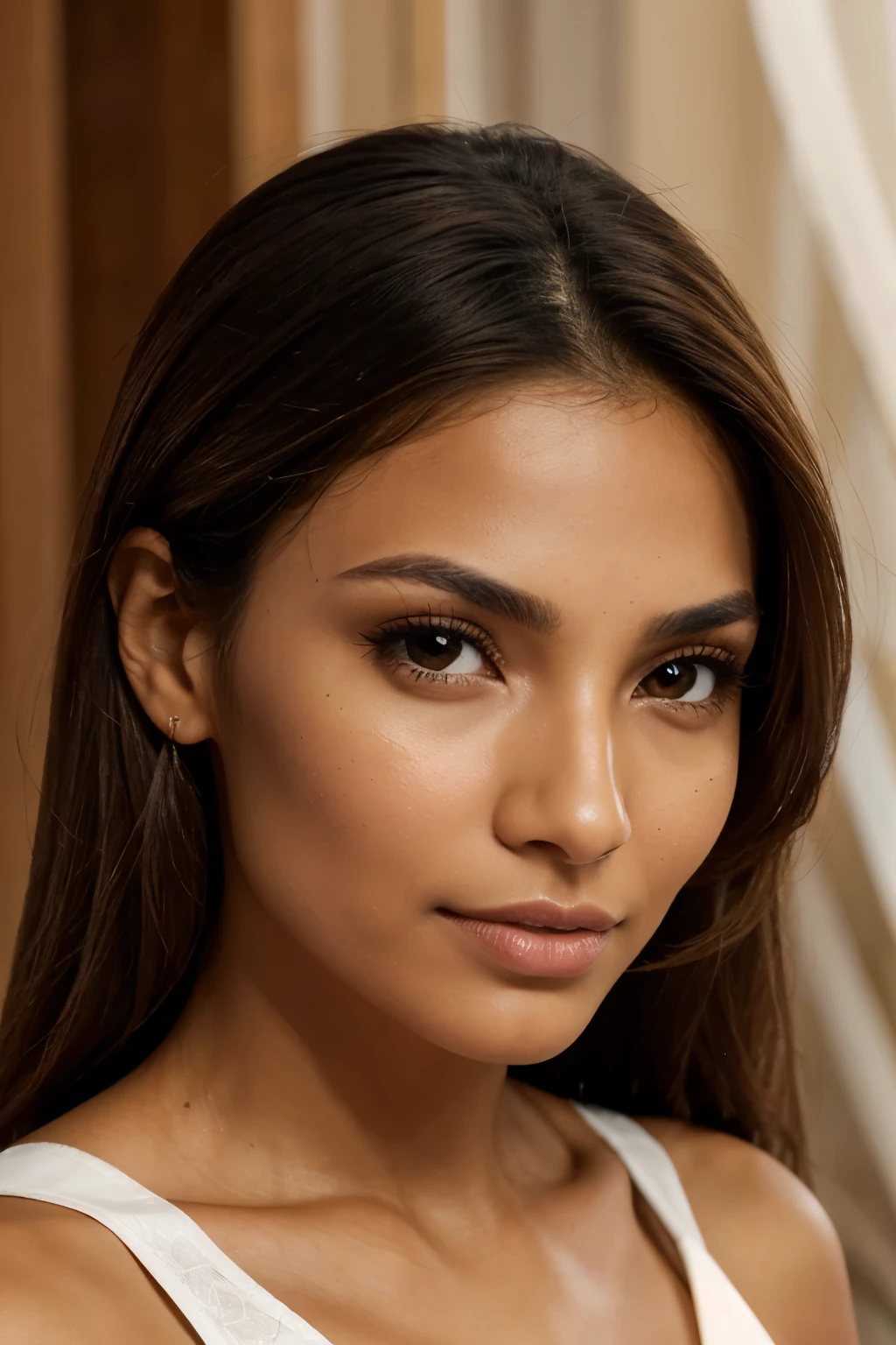 Altura: 1.68 mColor de Ojos: Light Brown Skin Color: Tonalidad clara, ligeramente bronceadaRasgos Faciales: Ojos grandes y expresivos, prominent cheekbones, Small, sharp nose, labios llenos.