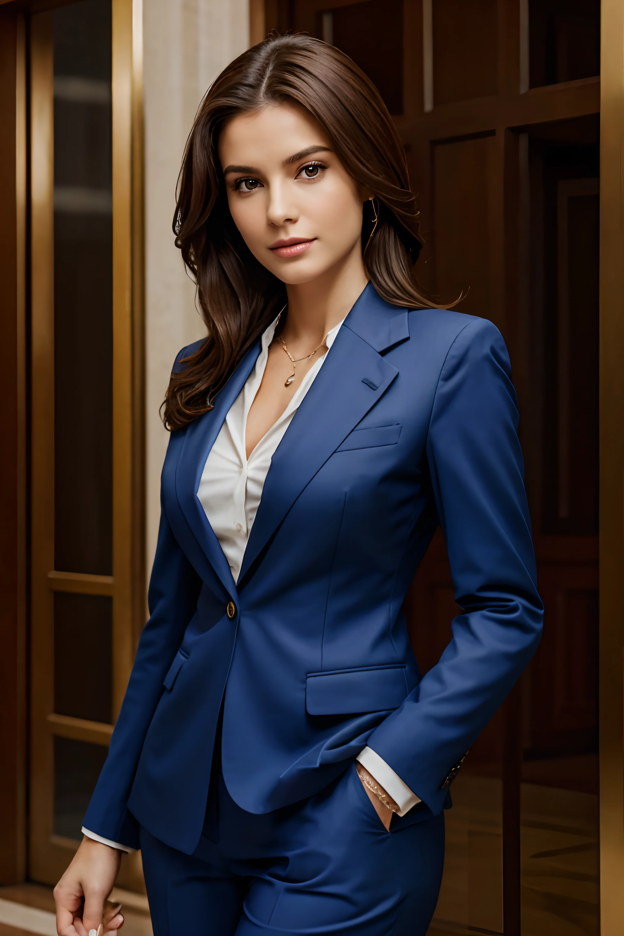 mulher branca, cabelo longo brunette, Businesswoman wearing Ralph Lauren suit, corpo todo, em frente uma empresa