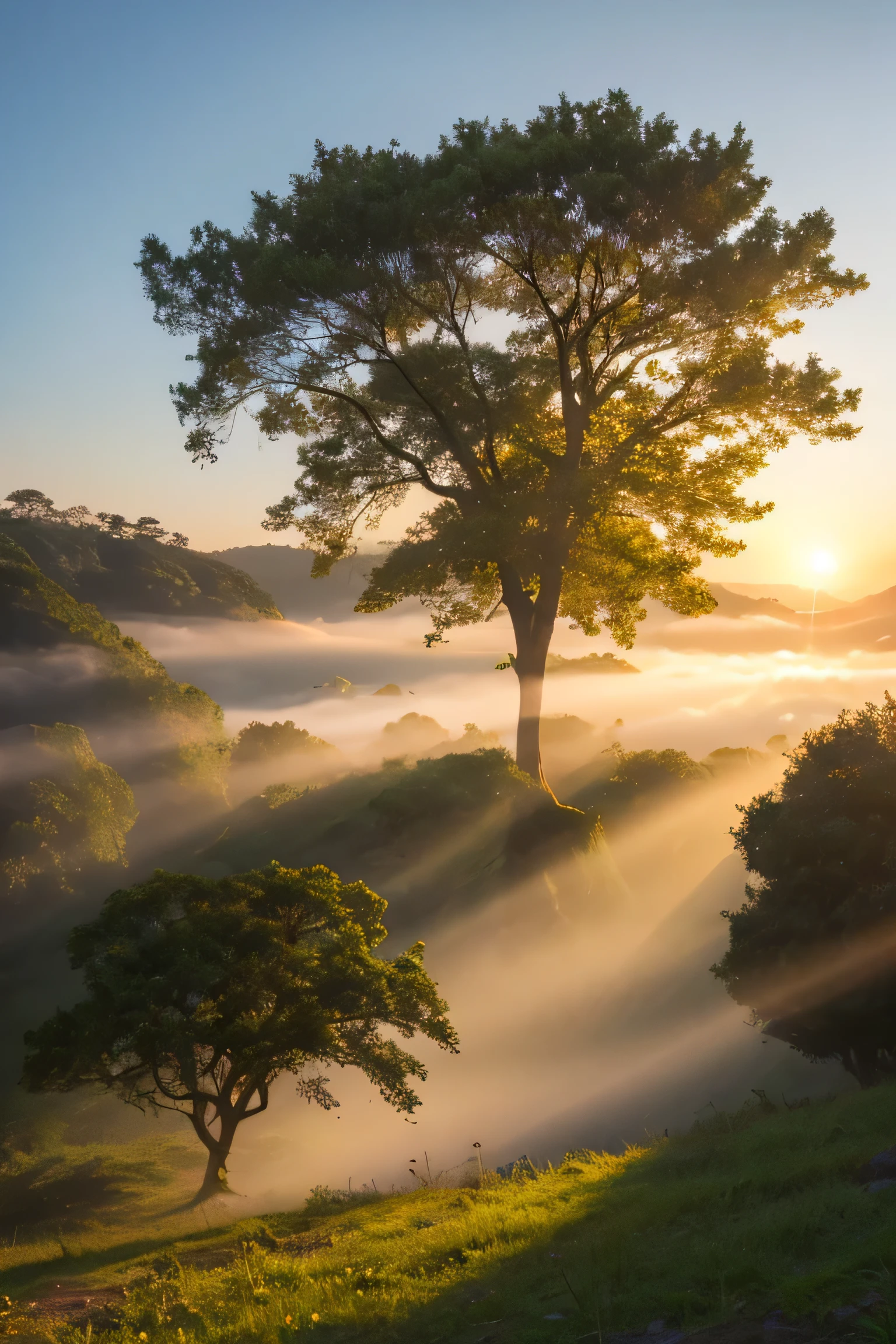 Beautiful nature Mysterious Light Fog is coming out Early morning view