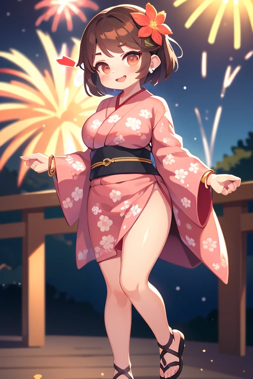 8K highest quality, masterpiece, Ultra-high resolution, Film Grain, movie, One girl, View Viewer, Natural skin texture, Realistic eye and facial details, full 唇, Lip tick, (compensate), Red eyeshadow, Fluffy short hair,Korean beauty style,Japanese Kimono(Pink based floral pattern),smile, Close your mouth, beautiful feet, Tall Woman, skinny, slim_feet, alone, Large Breasts,Natural pose with fireworks in the background,Brown Hair,Bracelet,Sandals,Night view,VIVIZ,UMJI,Korean Style,Korean,かわいいKorean,Natural Makeup,cute,Medium Short Hair,Earrings,Depth of written boundary