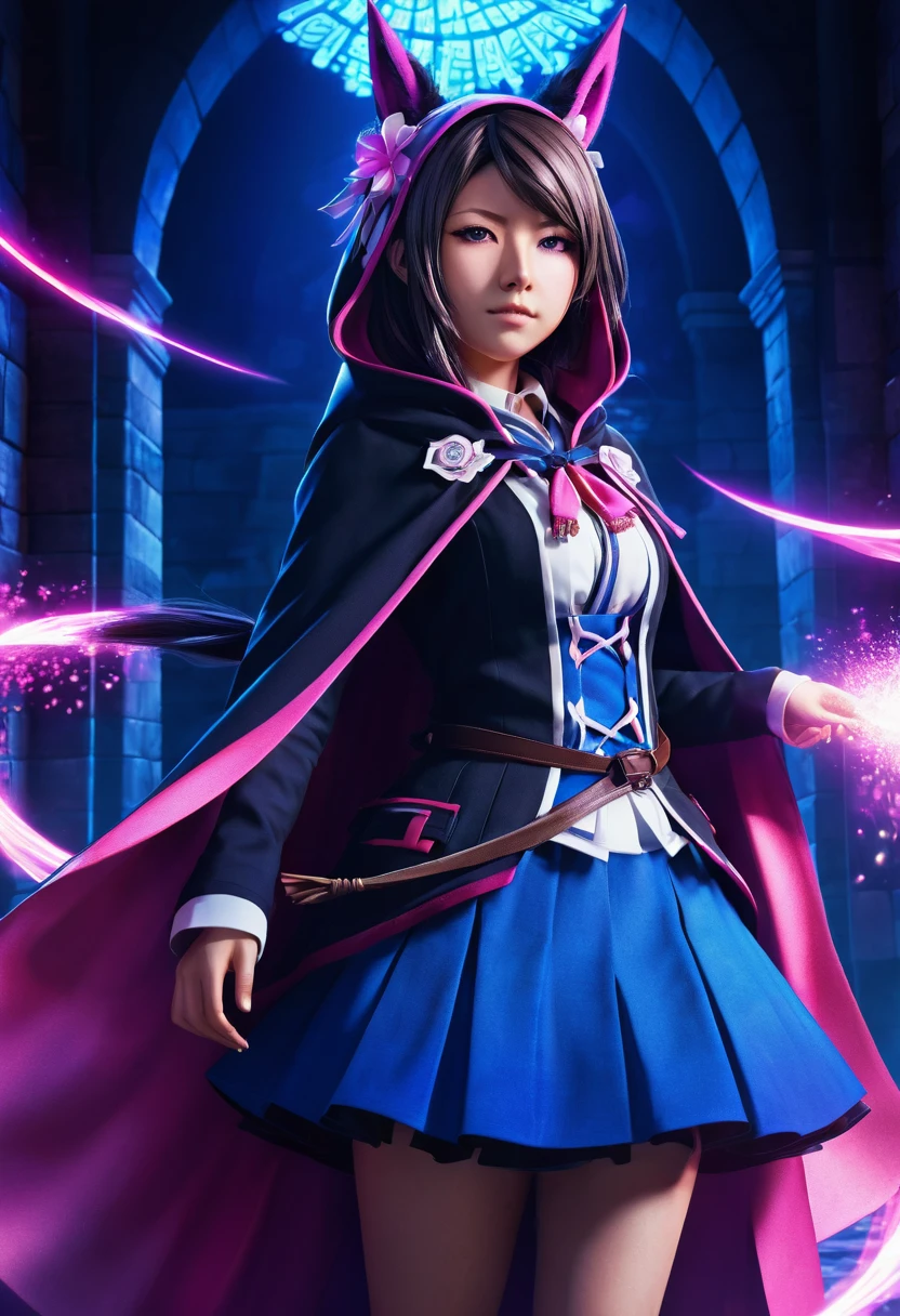Mioda Ibuki /(Danganronpa/), bank ultra-detailed, masterpiece, illustration, 8k, masterpiece, realistic shadows, wind, gradient, volumetric lighting, cute, ambient lighting, colorful, glowing particles, beautiful detailed eyes 1girl, solo, (original outfit), dungeon background, blue and pink mage outfit, cloak, magic, fantasy