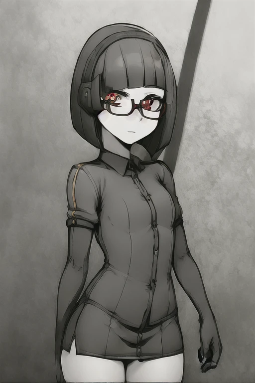 short black hair with glasses, very white skin, red eyes, with a too short miniskirt, with very thin clothes