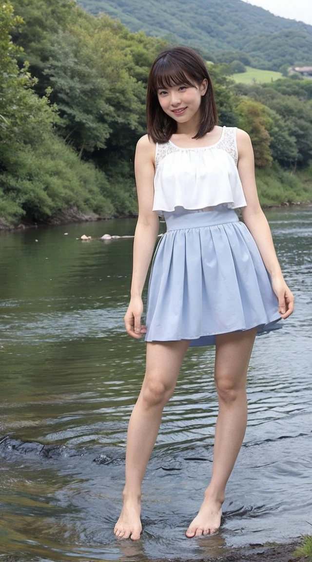 detailed,Clear lines,highest quality, masterpiece,Bright and dark light、Canon Photo Crystal Clear ,（Realistically:1.2）, (White and blue mini skirt dress)、Action pose、Take a full body photo、A sloppy smile、Glamour body type、Medium Long Hair、Valley、Step into the river、barefoot