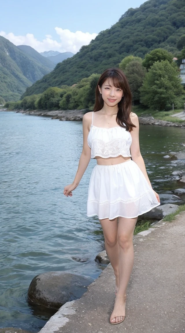 detailed,Clear lines,highest quality, masterpiece,Bright and dark light、Canon Photo Crystal Clear ,（Realistically:1.2）, (White and blue mini skirt dress)、Action pose、Take a full body photo、A sloppy smile、Glamour body type、Medium Long Hair、Valley、Step into the river、barefoot