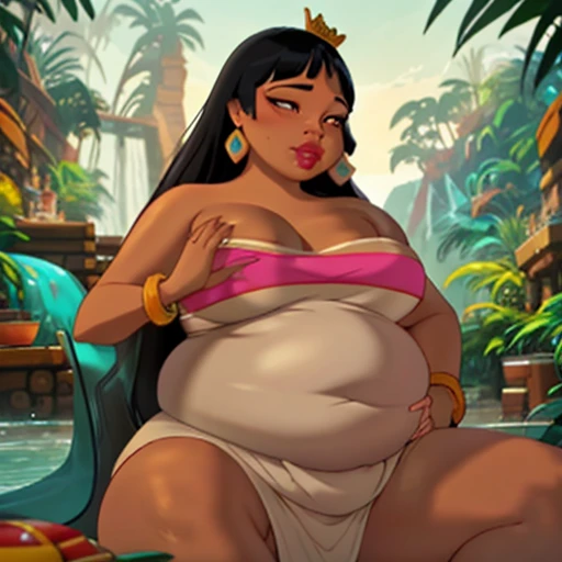 (Masterpiece), (best quality), (detailed), 1girl, (Chel from road to el dorado), giant obese fatty girl, Chel the queen of El Dorado, super obese, queen attire, crown of obesity, fatty, royal Chel