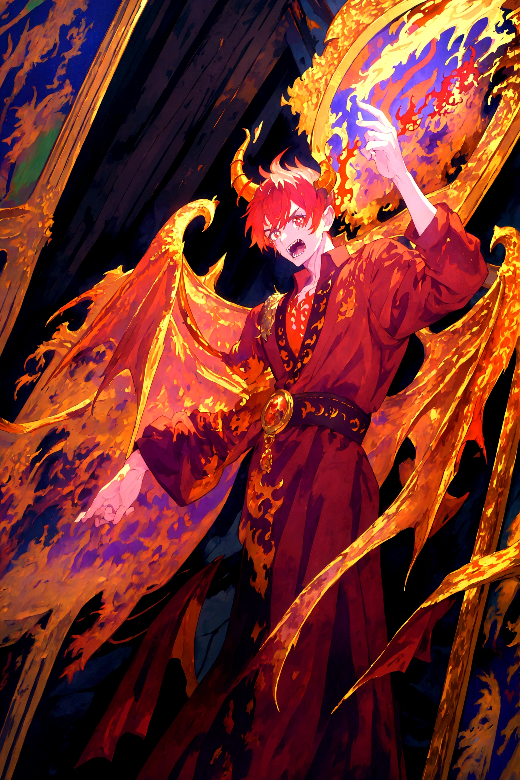 1 man, red hair, full body, ((half human and half dragon)), menacing gaze, horns coming out of his head and neck, golden scales around his arms, inspired by The Fallen Angel ((The Crying Lucifer Painting)) , breath of fire character, emperor of dragons, kaiser, ((best angle)), ((best details)), ((pose of glory and power)), transforming into a dragon;
