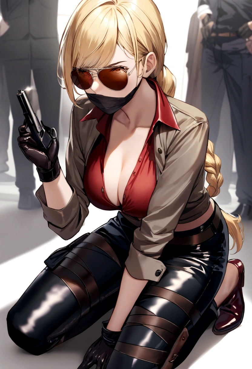 sneering blonde young woman robber with braided ponytail pointing handgun in black leather gloves, aviator sunglasses, navy suit jacket, leather pants, low cut unbuttoned red satin blouse, dark red lipstick, tape bound saleswoman with tape over mouth kneeling in background