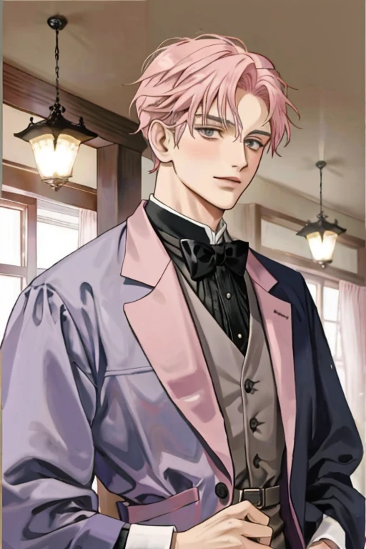anime older man in his late 80s with short light pink hair and grey eyes dressed in Victorian dark suit 