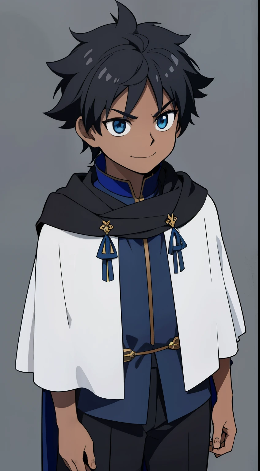 (high-quality, breathtaking),(expressive eyes, perfect face) Symmetrical Eyes, short, age 10, upperbody, 1boy, male, bright blue eye color, black hair color, grey background, medium hair length, tied back hair, black skin, dark colored skin, black and blue shirt, white trim, pants, positive expression, small smirk, fantasy outfit, greek inspired clothing, cloak, messy hair
