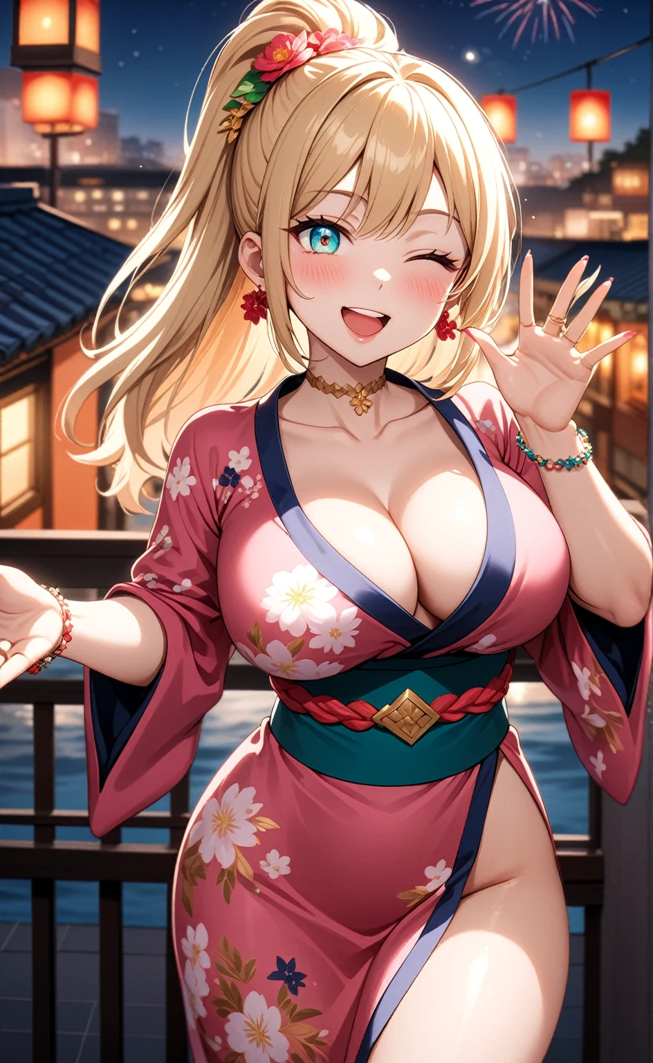 ((one personの女性)), Beautiful Face, Laughing embarrassedly,((Wink:2.0)),(She is giving a high-five to a friend. She is smiling energetically with her hand outstretched),Laughing with your mouth open,((Red cheeks:1.4)),Lighting on the face,Glossy pink lips,night,rooftop,Festive decorations,You can see the ocean, firework,((Anime style background)),masterpiece, highest quality, so beautiful, Latest, Complex details, (Pink long nails),(ring),(flower bracelet),Floral choker,AI-generated, Complex,High resolution, highest quality, super high quality,3D Images、View your viewers、3D Images,one person,Long Blonde Hair,High Ponytail,Turquoise Eyes,Anime woman posing for a photo, (Fine grain,Colorful eyes,Shining Eyes:1.4),(Squint your eyes:1.1),a hyperRealistic , hyperRealistic , Realistic,Blonde anime woman with long hair, Smooth anime CG art, A woman in a colorful kimono with gold embroidery, (Pink kimono),Red floral pattern,Long flower hair ornament,Large floral earrings,(ring),(Big Breasts:1.1),Mature Body,Tall,Big Ass,Fine details,Narrow waist,Abdominal muscles,(Zoom in on face:1.0)