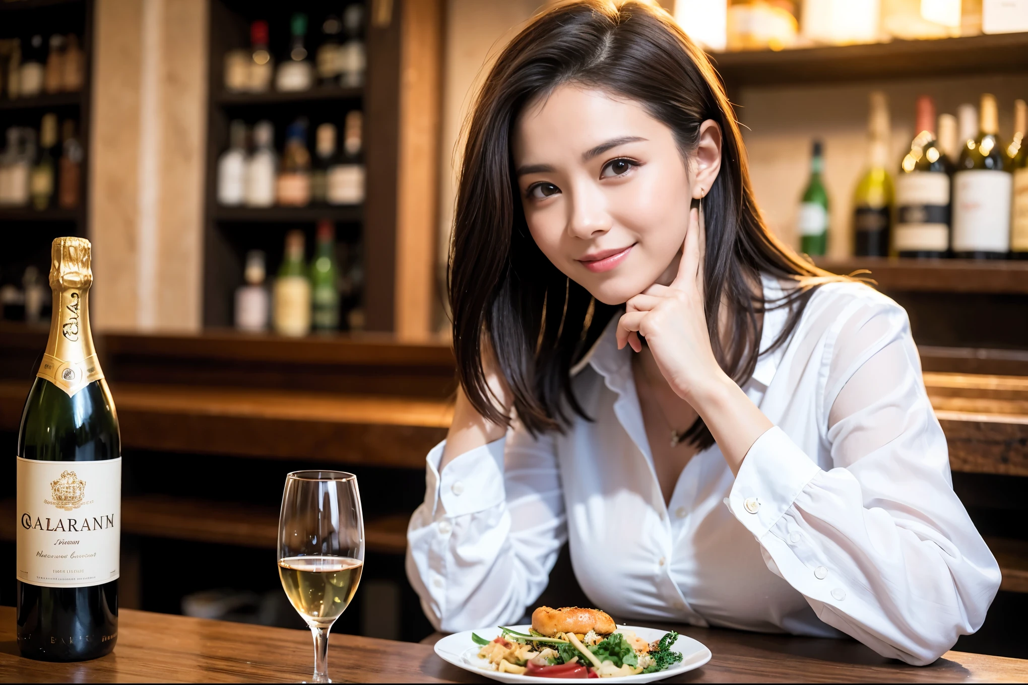 ((highest quality、8k、masterpiece:1.3))、1 male、1 female、石原さとみ似美女Couple、lover、Couple、The body is slim、full-course dinner、テーブルの上のwine glass、Put the light on your face、 Amazing view of the sunset sky and clouds、A bright smile、The wonderfulness of smile、Bright image、 short hair,Bright Face、 (Age 37), "41 years old, red wine 、Appetizers、Italian food、Wine bottle、Champagne、sparkling wine、Two beauties、Brown Hair、Shortcuts、Long sleeve shirt、dress、Pretty Woman 1, (slimな顔), (The body is slim), (Brown Hair), (Shortcuts), cheeks turn a little red,Attractive beauty、restaurant, In a prominent place (From the waist up) Nova Frog Style, actress, model, Upper Body, White wine, slim, wine glass, 中央に置かれたwine glass, smile, (smile: 1.15), Beautiful fine grain, Depth f/2,saturation, High Contrast, Strong light and shadow,Moist Body:1.5、3D texture、Delicate eyes、Brown Hair、The hair is very shiny、