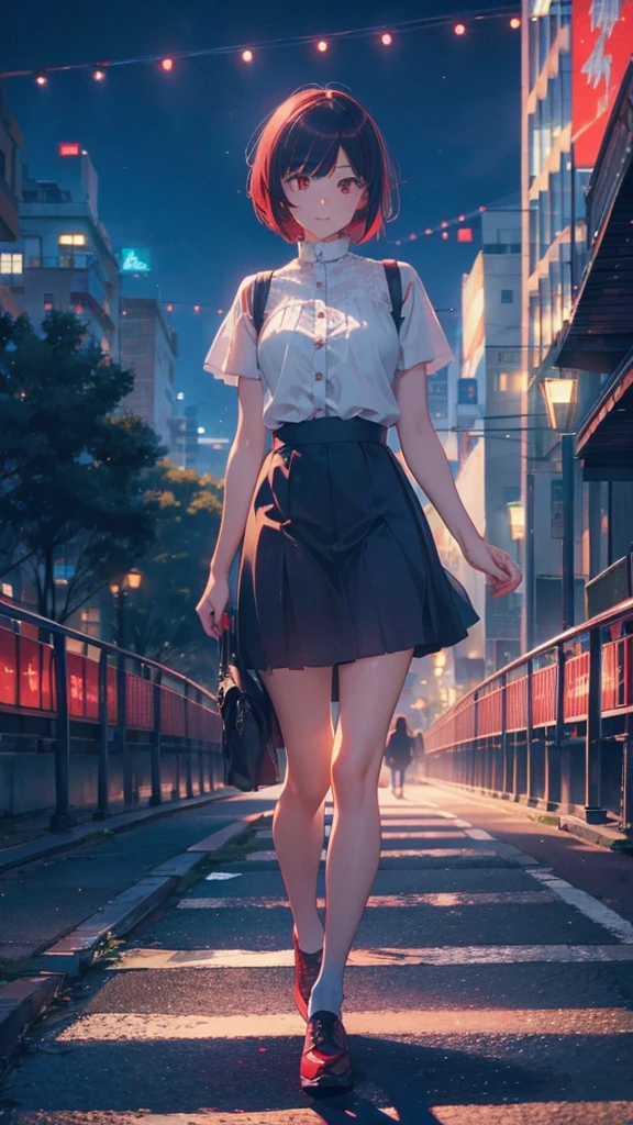girl with short bob hair,Red eyes ,A shining heaven,Walking in heaven,A distant view,Pedestrian bridge