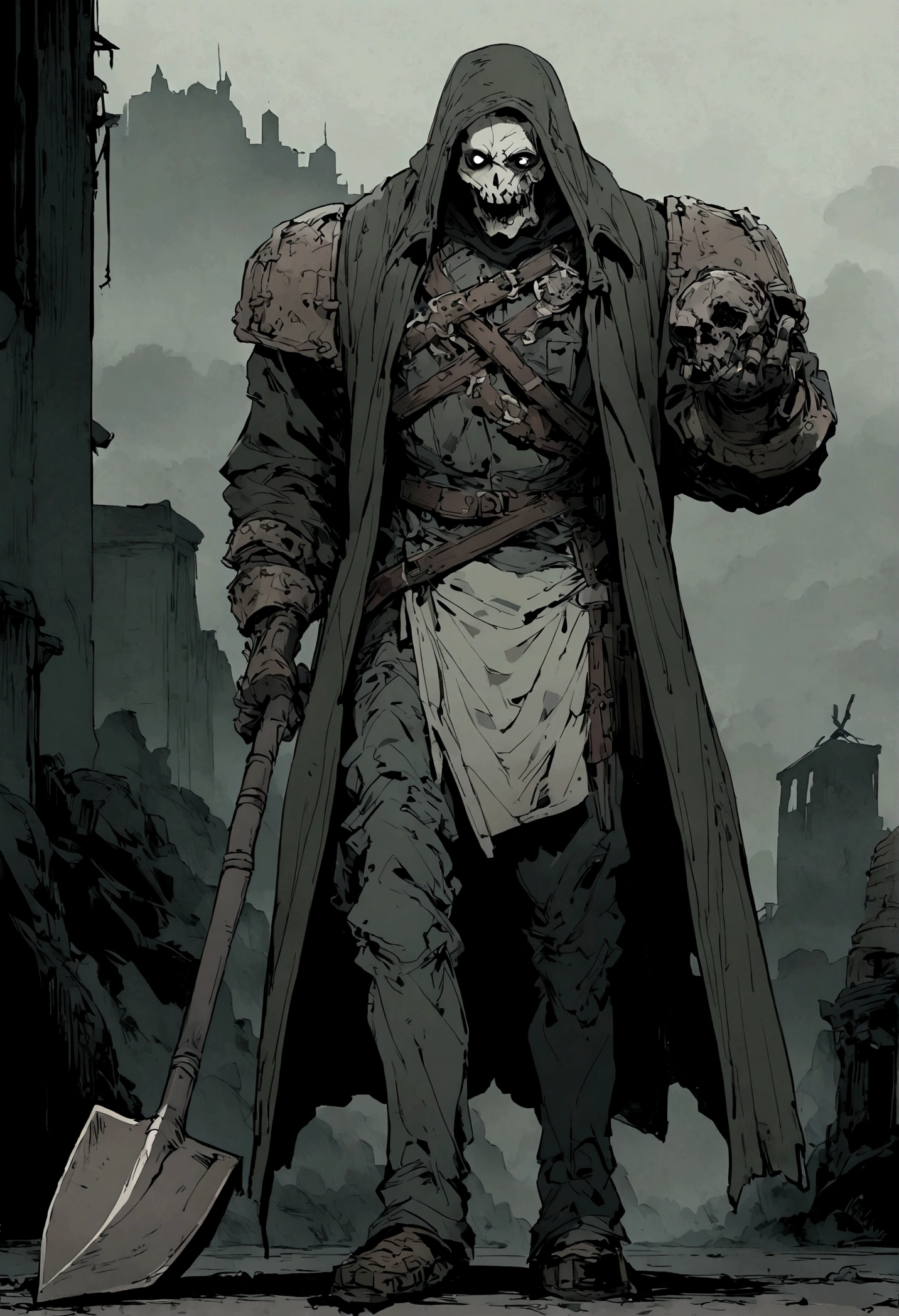 An undead graverobber with a split jaw and empty eye sockets, gloomy atmosphere, rot, full body, shovel in hand