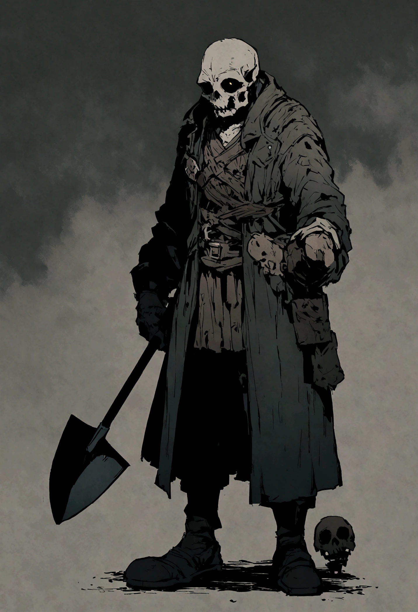 An undead graverobber with a split jaw and empty eye sockets, gloomy atmosphere, rot, full body, shovel in hand