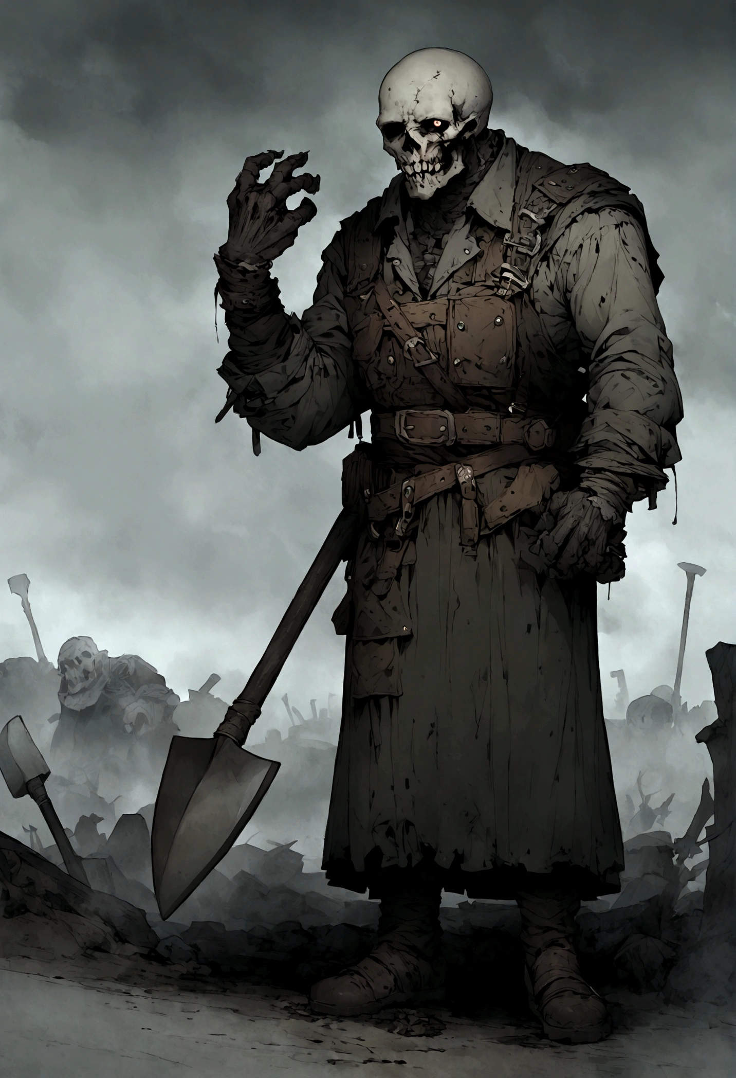 An undead graverobber with a split jaw and empty eye sockets, gloomy atmosphere, rot, full body, shovel in hand