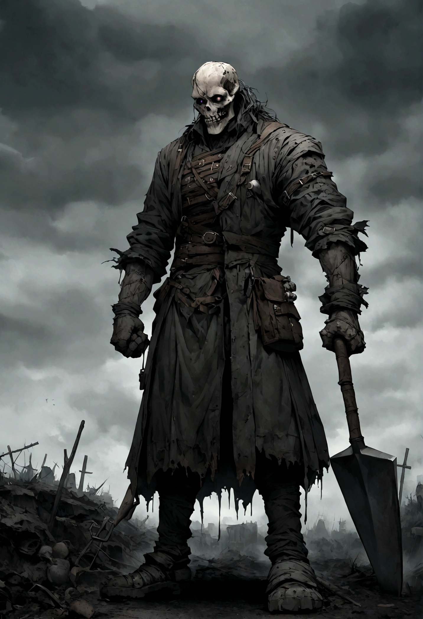 An undead graverobber with a split jaw and empty eye sockets, gloomy atmosphere, rot, full body, shovel in hand