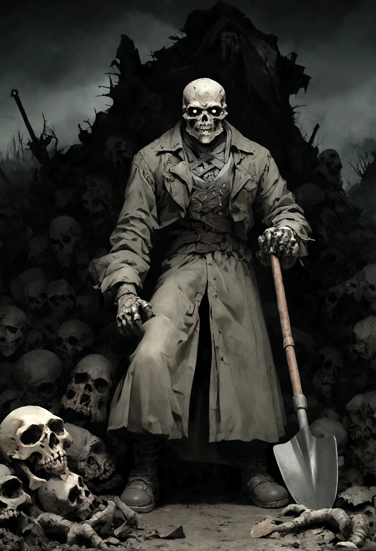 An undead graverobber with a split jaw and empty eye sockets, gloomy atmosphere, rot, full body, shovel in hand