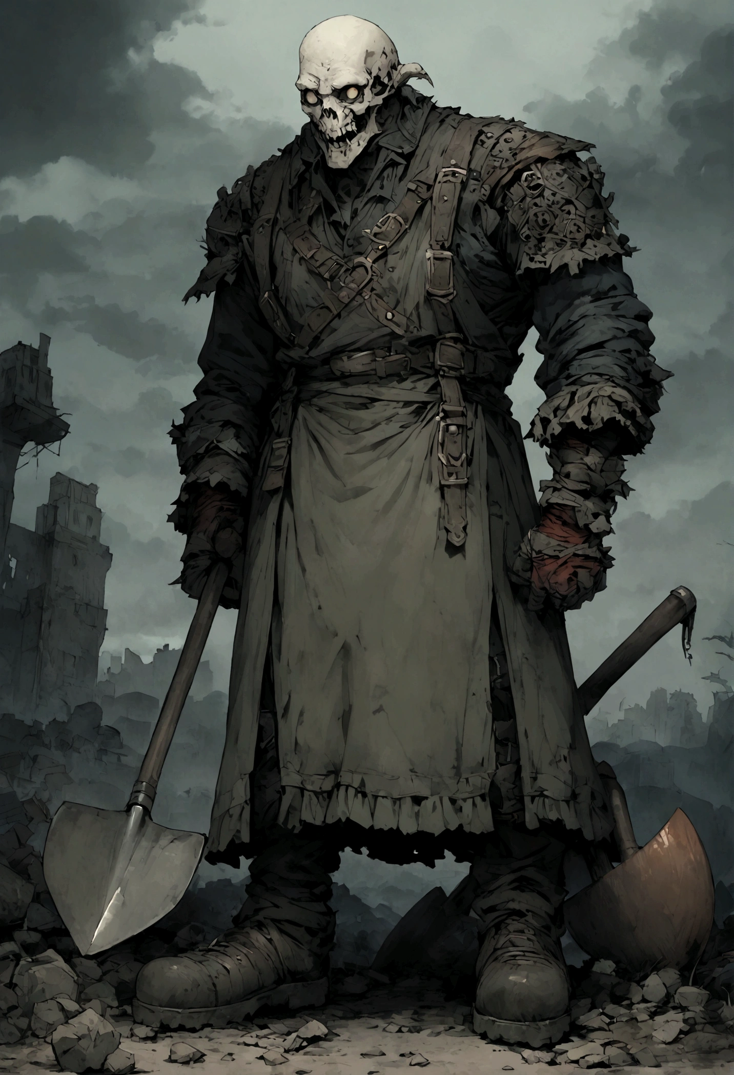 An undead graverobber with a split jaw and empty eye sockets, gloomy atmosphere, rot, full body, shovel in hand