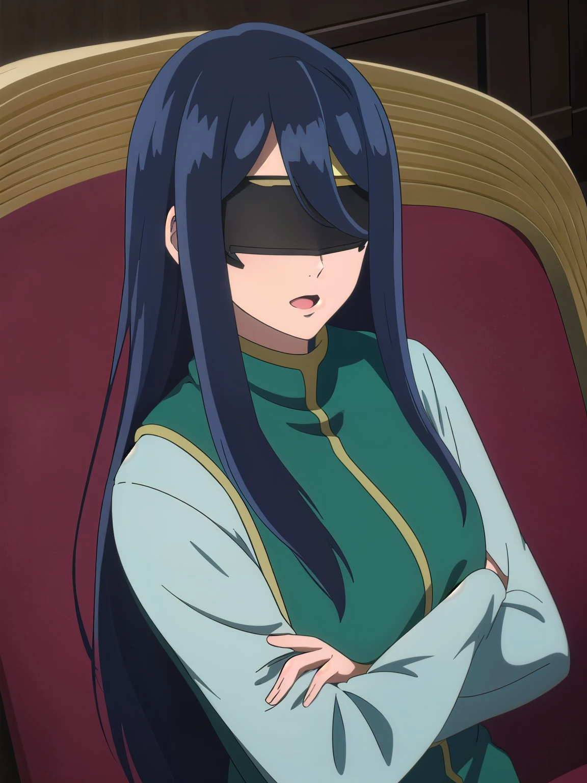 (((Best quality))),((Ultra-detailed)),((illustration)),((Disheveled hair)),((frilld)),(1 girl),1girl, arms under breasts, black blindfold black hair, blindfold, book hug, breast hold, chair, cosplay, crossed arms, eyepatch, facing viewer, hairband, hand on own arm, long hair, long sleeves, open mouth, parted lips, shaded face, solo, upper body, very long hair, A mask that covers the eyes, sleep mask