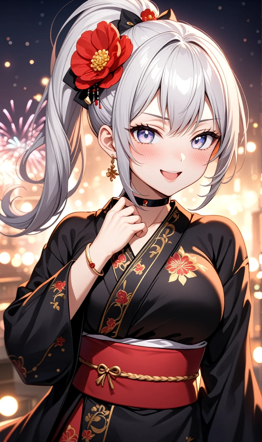 ((one personの女性)), Beautiful Face,((Wink:1.9)),(a woman in a dynamic hand sign. She is waving while looking back over her shoulder. She has a friendly expression),(Bright red cheeks:1.4),Laughing embarrassedly,Laughing with your mouth open,Glossy pink lips,Lighting on the face,night,night景と海が美しい公園,Colorful fireworks,((Anime style background)),masterpiece, highest quality, so beautiful, Latest, Complex details, (Pink long nails),(ring),(bracelet),(choker),AI-generated, Complex,High resolution, highest quality, super high quality,3D Images、View your viewers、3D Images,one person,Long white hair,High Ponytail,(blue eyes),Anime woman posing for a photo, ((Fine grain、Silvery white colorful eyes、Shining Eyes:1.3)),(Squint your eyes:1.1),a hyperRealistic , hyperRealistic , Realistic,Anime woman with long and white hair, Smooth anime CG art, A woman in a colorful kimono with gold embroidery, (Black kimono),Red floral pattern,Long flower hair ornament,Big earrings,Mature Body,(Big Breasts:1.1),Tall,Fine details,Abdominal muscles,Narrow waist,(Zoom in on face:1.4),Shooting from behind