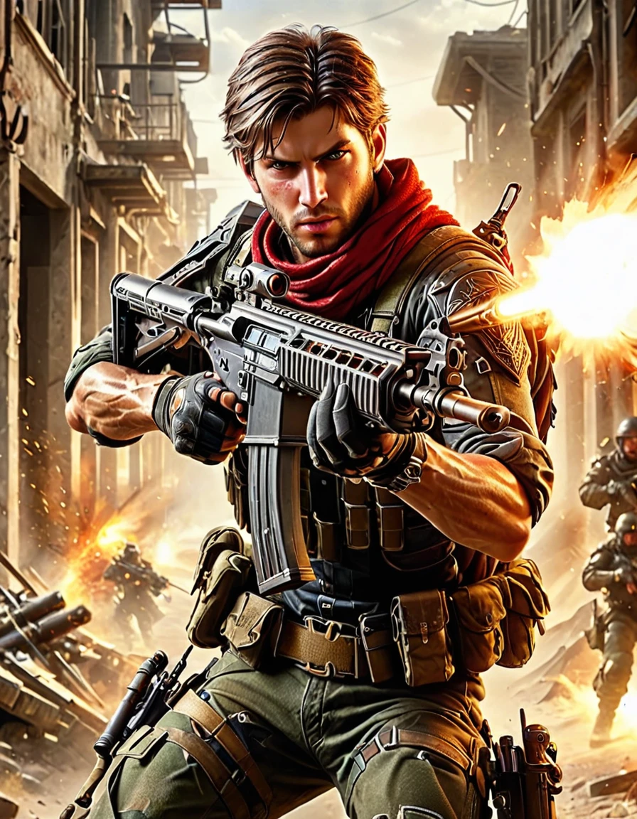 male focus, mercenary, brown hair, hazel eyes, bullet belt, combat boots, red bandana, aiming and firing an assault rifle, angry, screaming, rifle shell casings, war zone, muzzle flash