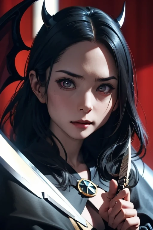 (masterpiece, highest quality)、Cute girl demon king、Pointed Ears、Horns growing from the head、Black Armor、Black devil wings、Not scary、The sword in his hand has a black blade、頭以外はBlack Armorに包まれている、Fluttering Black Cape、Not scary、