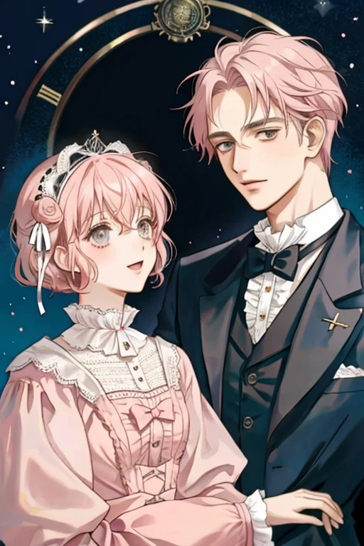 anime older man in his late 80s with short light pink hair and grey eyes dressed in Victorian dark suit 