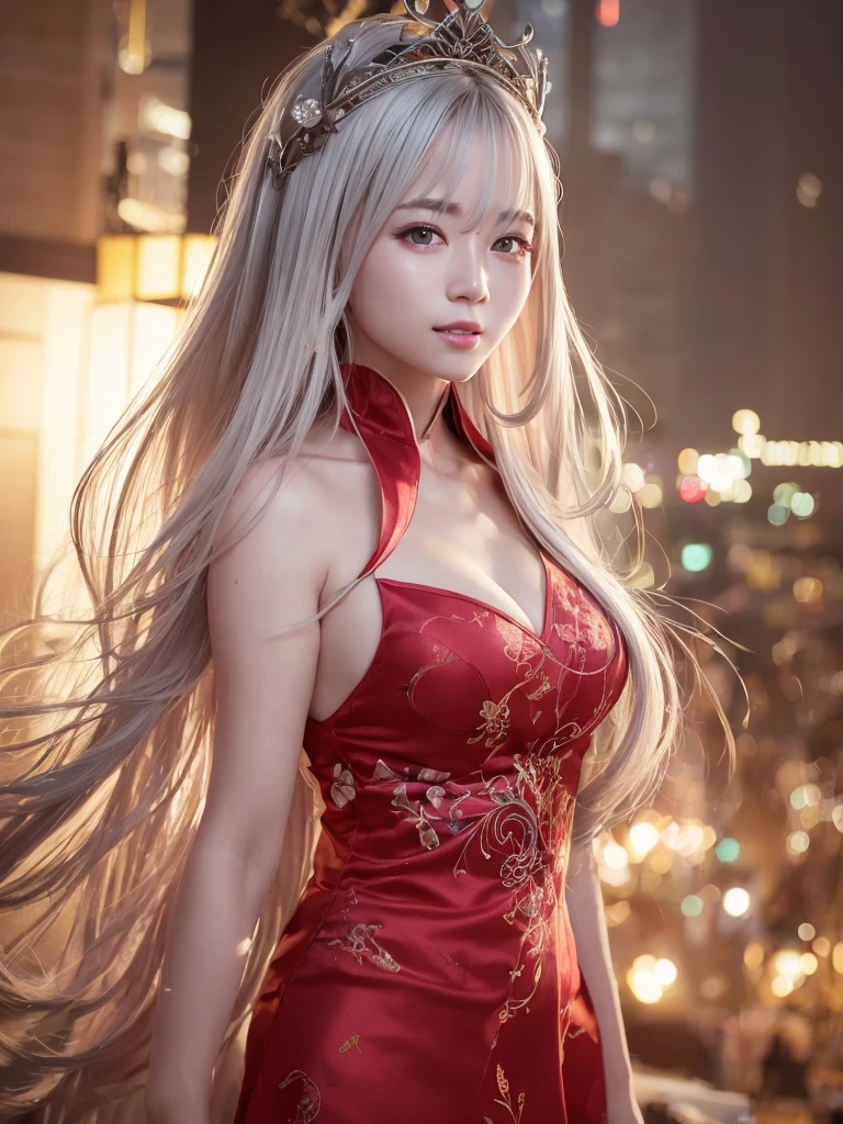 highest quality、8k Masterpiece、超A high resolution、(Photorealistic:1.3)、RAW Photos、1 girl、Silvery white hair、Glowing Skin、1. Super-beautiful Cyberpunk Soldiers、((Ultra-Realistic Details))、Portrait、Global Illumination、Shadow、Octane Rendering、8k、Super sharp、Metal、Cold colors、Very intricate details、Realistic Light、CGSoation Trend、Beautiful and shining eyes、Beautiful breasts、To the camera、Neon Details、smile、Super kind、whole body、Crimson Hanfu、Swaying in the Wind、20-year-old、Fantasy、The background is the rooftop of a Manhattan building.
