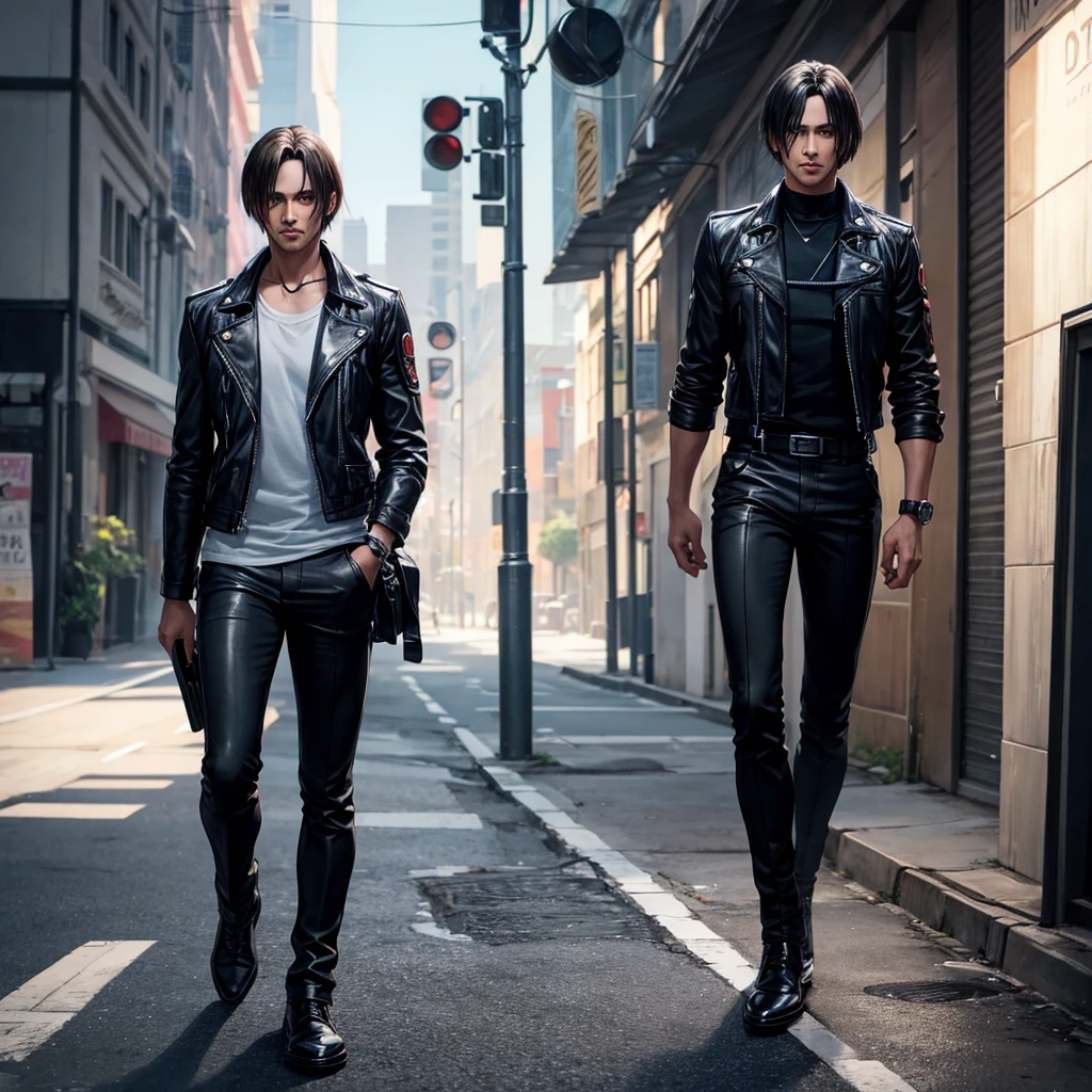 A look like leon kennedy walk on street black hair black outfit Animation  realistic All detailing perfect 