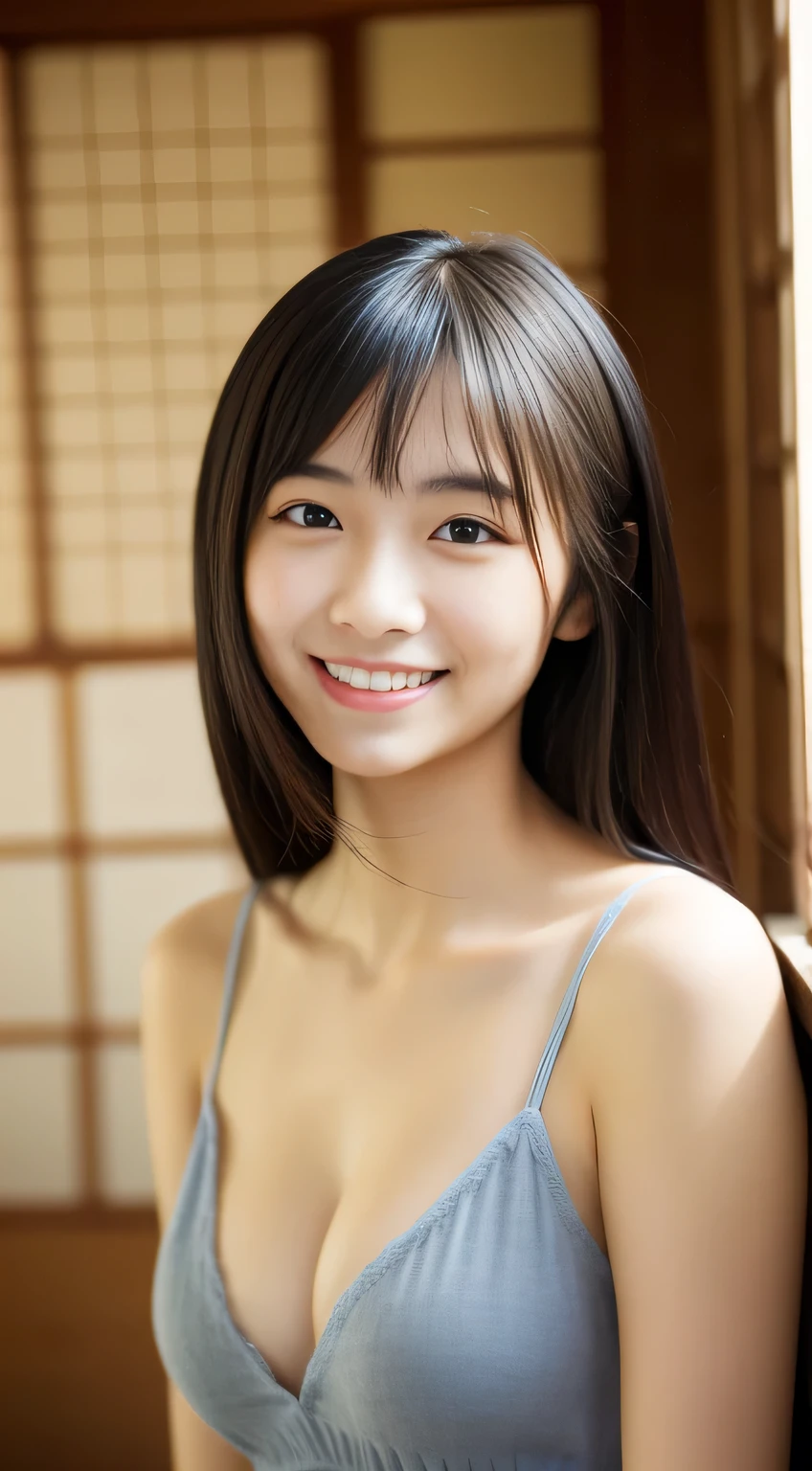 masterpiece,best quality,(Japanese ),((Beautiful girl)),cleavage,indoor,(perfect body beauty:1.2),(shy smile),beautiful teeth,