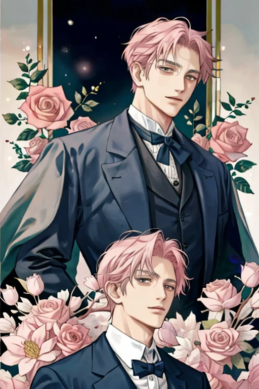 anime older man in his late 80s with short light pink hair and grey eyes dressed in Victorian dark suit