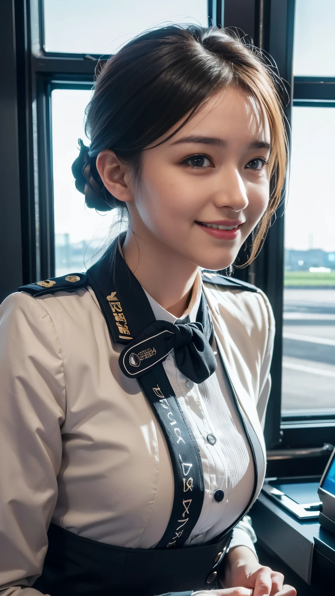 (dramatic angle)(stewardess  uniform)Mix 4,ultra detail  (8k, RAW Photos, 最high quality, masterpiece: 1.45), (Realistic, Photorealistic: 1.37), （Ultra high definition）（Textured skin）（Very detailed）（high quality）（最high quality）（First Person View）Cute woman,smile ,airport