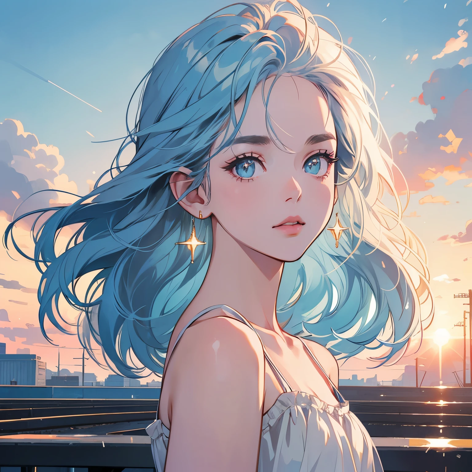 Upper body, 1 Woman, Top Quality, 14k, wind blowing, white camisole, sunset, skyscraper, power lines, crosswalk, sign, railroad tracks, train station, (((sparkling eyes))), (((mysterious))), light blue hair, detailed hair, detailed background, top quality, light lighting, backlight, dim, clouds, front, (((overhead shot))), looking at viewer backlight, dim, clouds, frontal face, looking at viewer