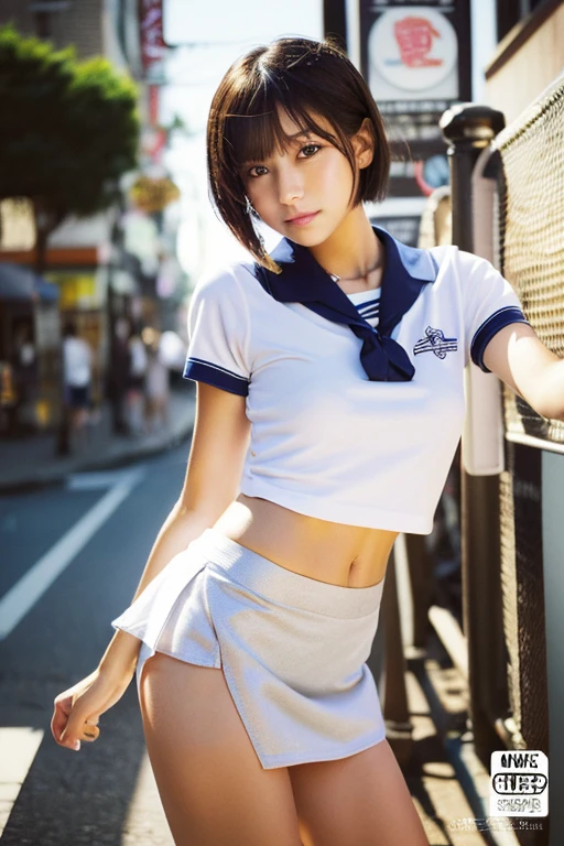 Analog Style, RAWphotograph, photograph, Hyperrealistic, amateur photo shot , Aesthetic artwork, ((Magazine Cover、Large text)), On the city streets, Detailed skin, detailed natural raw light, Very detailedな, Cinematic, highest quality, Super detailed, Very detailed, grain, noise, Heading, stylish, font, Memorable、A boyish and healthy beautiful girl,((Flowing sweat)) Beautiful Eyes, Realistic eyes, Beautiful details in the eyes, (Realistic Skin),Japanese Idols、short hair、(((High school girl)))、(((Short skirt))),choker , (((High school uniform))) , (((small panties))) , (((thong panties))) , (((string panties)))